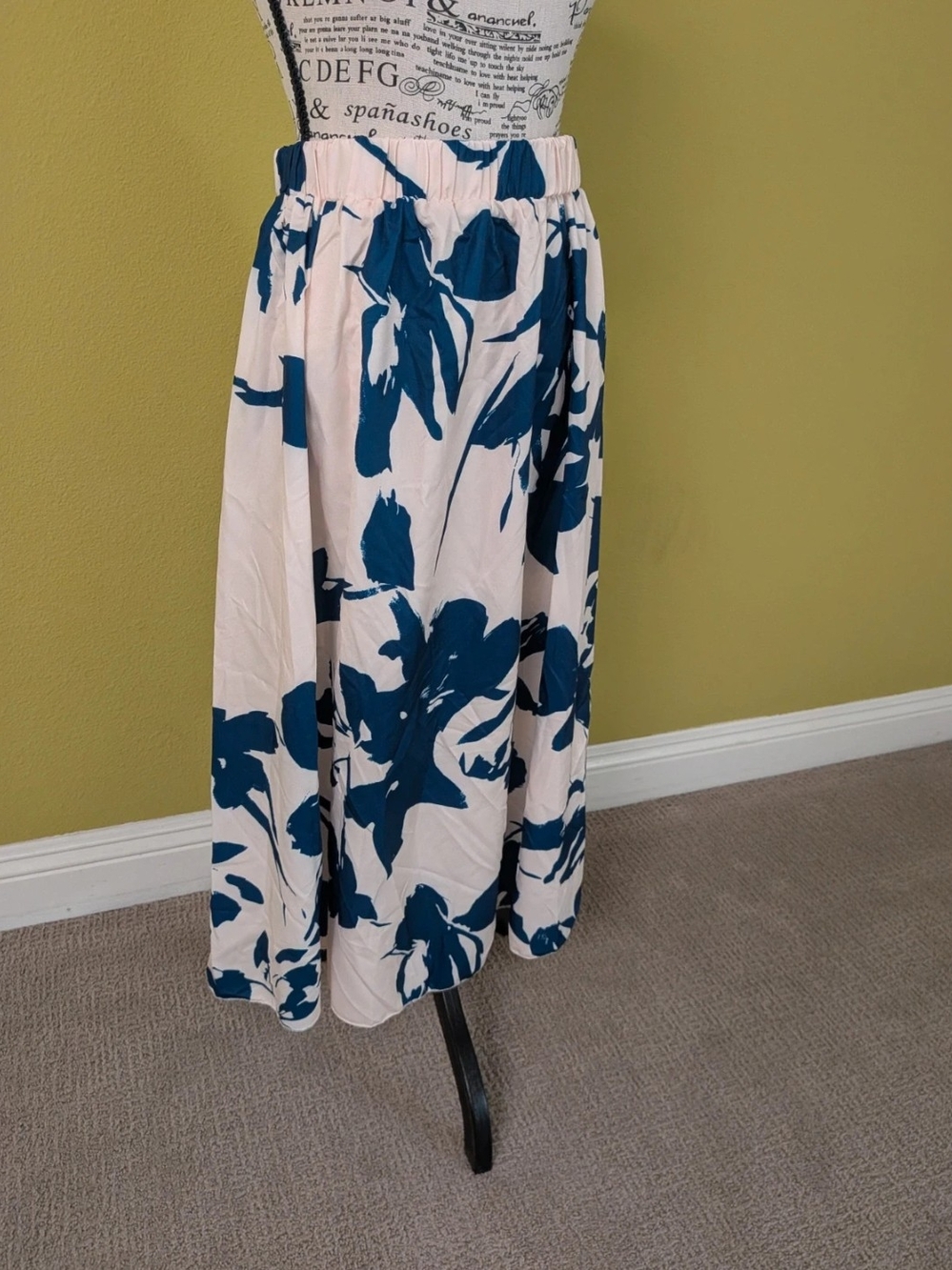 Women’s Blue Floral Midi Skirt - Elastic Waist